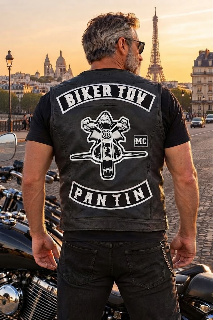 Gilet officiel Biker Tov : rocker Biker Tov, motard central, MC et Pantin