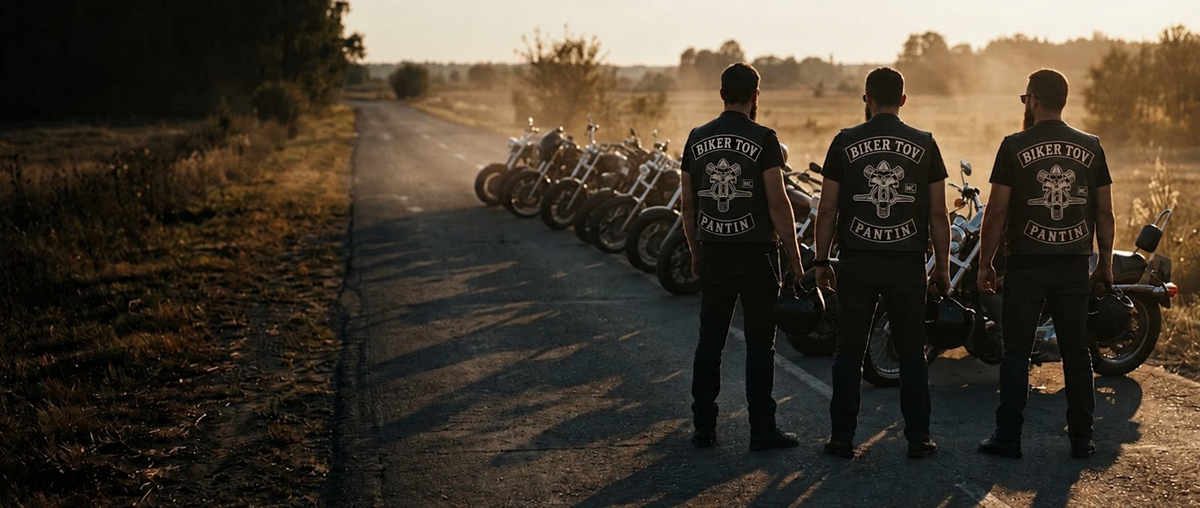 Trois membres Biker Tov devant leurs motos au coucher du soleil