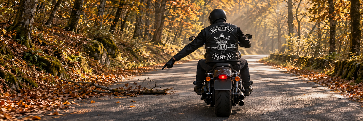 Motard portant les couleurs Biker Tov et signalant un danger à gauche en sous-bois